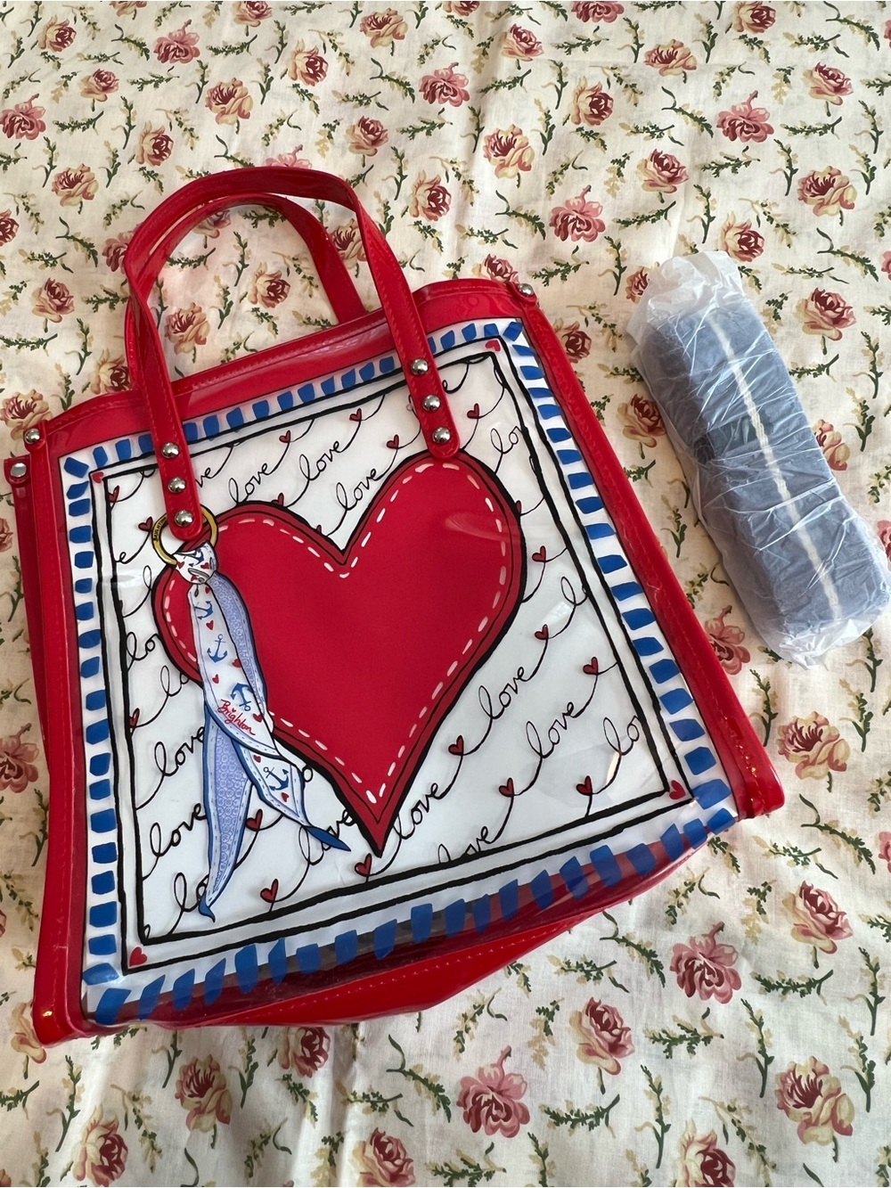 Brighton Red Heart Tote with Blue Accent and Scarf Charm